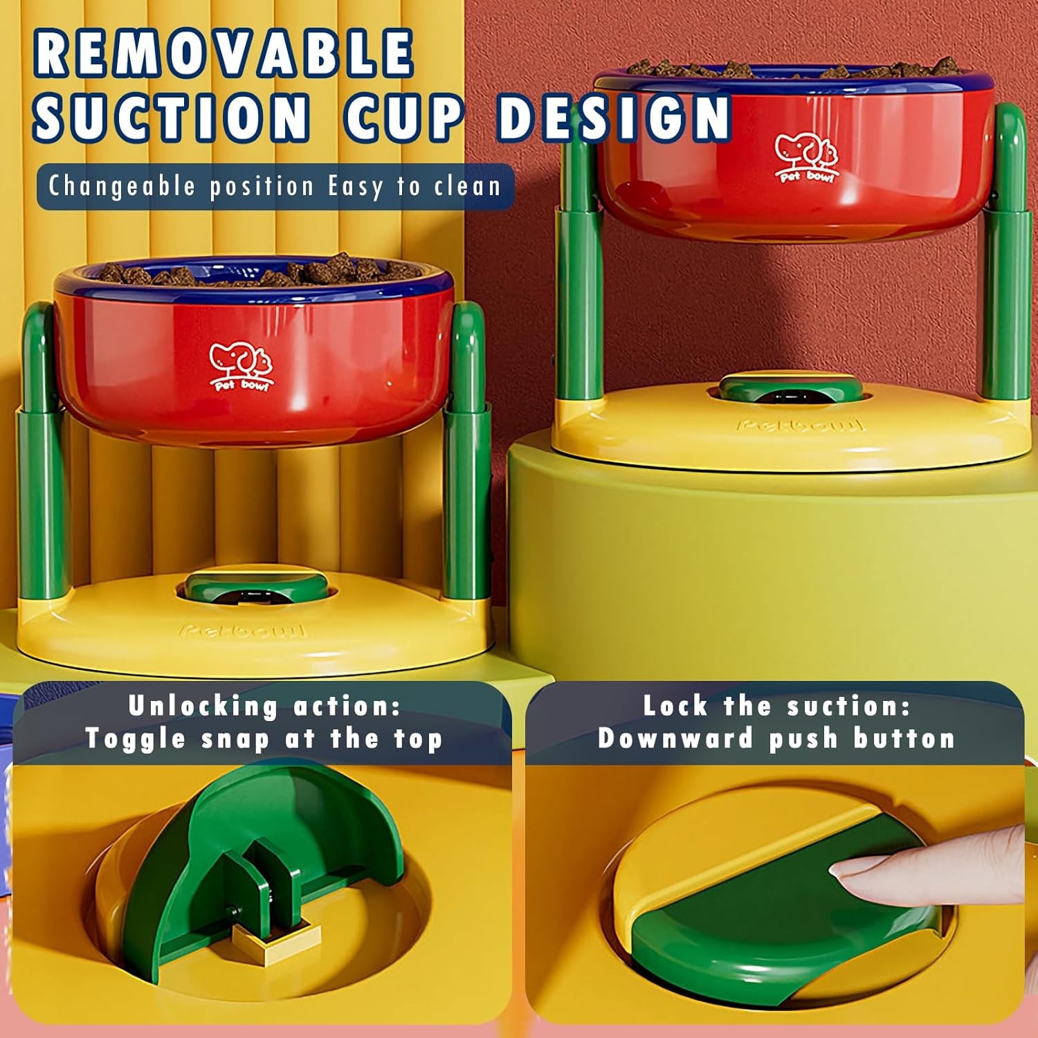 Adjustable Liftable Pet Bowl - Non-Slip Anti-Tip Feeder for Medium & Large Dogs and Cats - Cervical Spine Protection with Detachable Suction Cup (Red)