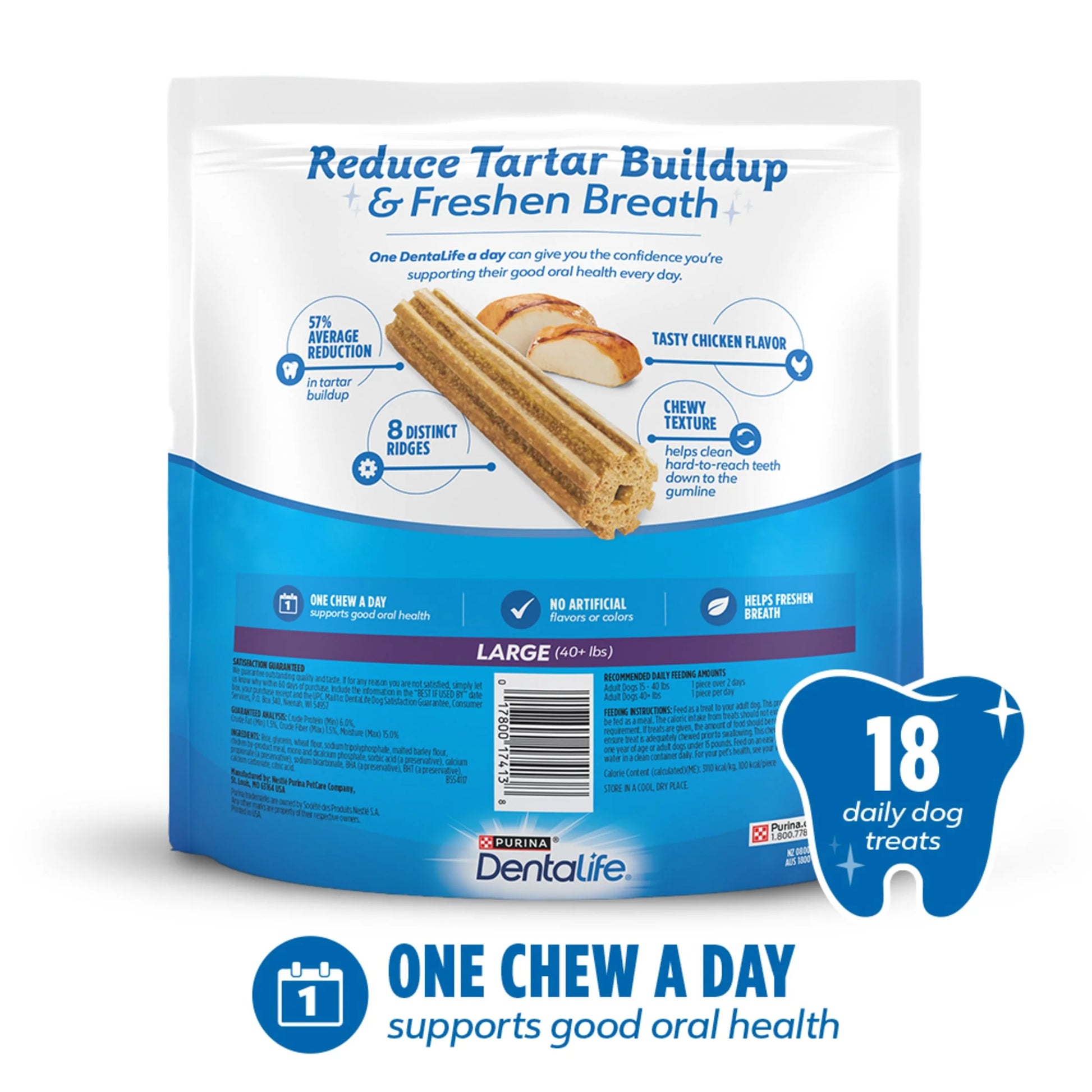 Purina Daily Oral Care Large Dog Dental Treats with Chicken - 20.7 Oz Pouch (18 Count) for Fresh Breath & Healthy Teeth!