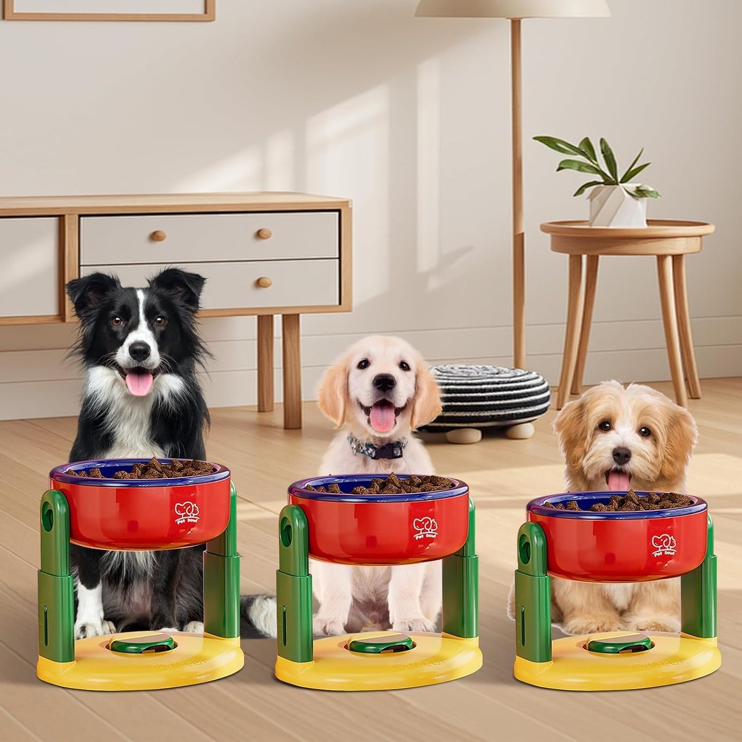 Adjustable Liftable Pet Bowl - Non-Slip Anti-Tip Feeder for Medium & Large Dogs and Cats - Cervical Spine Protection with Detachable Suction Cup (Red)