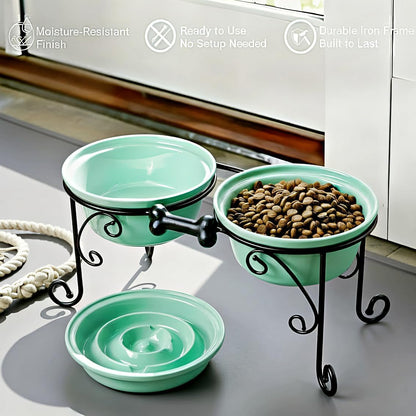 Elevated Dog Bowl Stand with 3 Durable Ceramic Bowls - Stylish Raised Feeding Station for Large Dogs, Includes 2 Standard Bowls and 1 Slow Feeder in Lucite Green