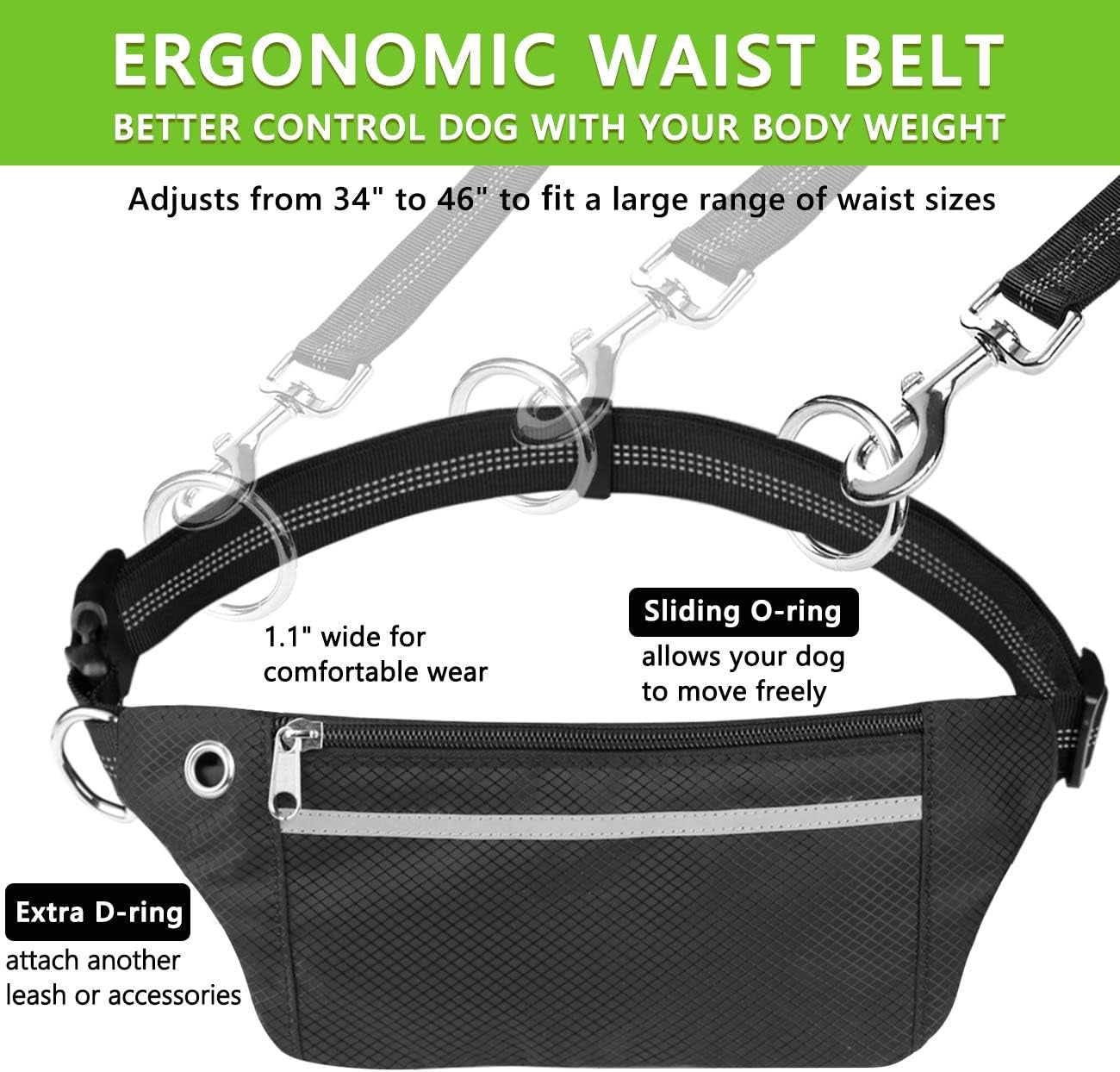 Ultimate Hands-Free Dog Leash for Running, Walking, and Hiking - Adjustable Bungee Waist Belt with Dual Handles and Reflective Stitches for Medium to Large Dogs