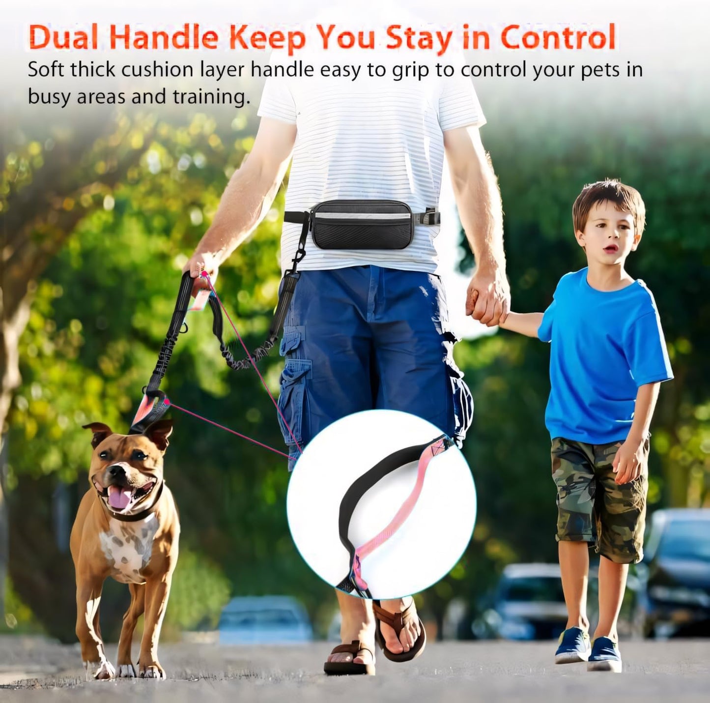 Ultimate Hands-Free Dog Running Leash with Waist Belt - Dual Handle Elastic Bungee for Medium & Large Dogs, Reflective Design for Safe Walking, Hiking & Biking (Large Pink, 25-120Lb)