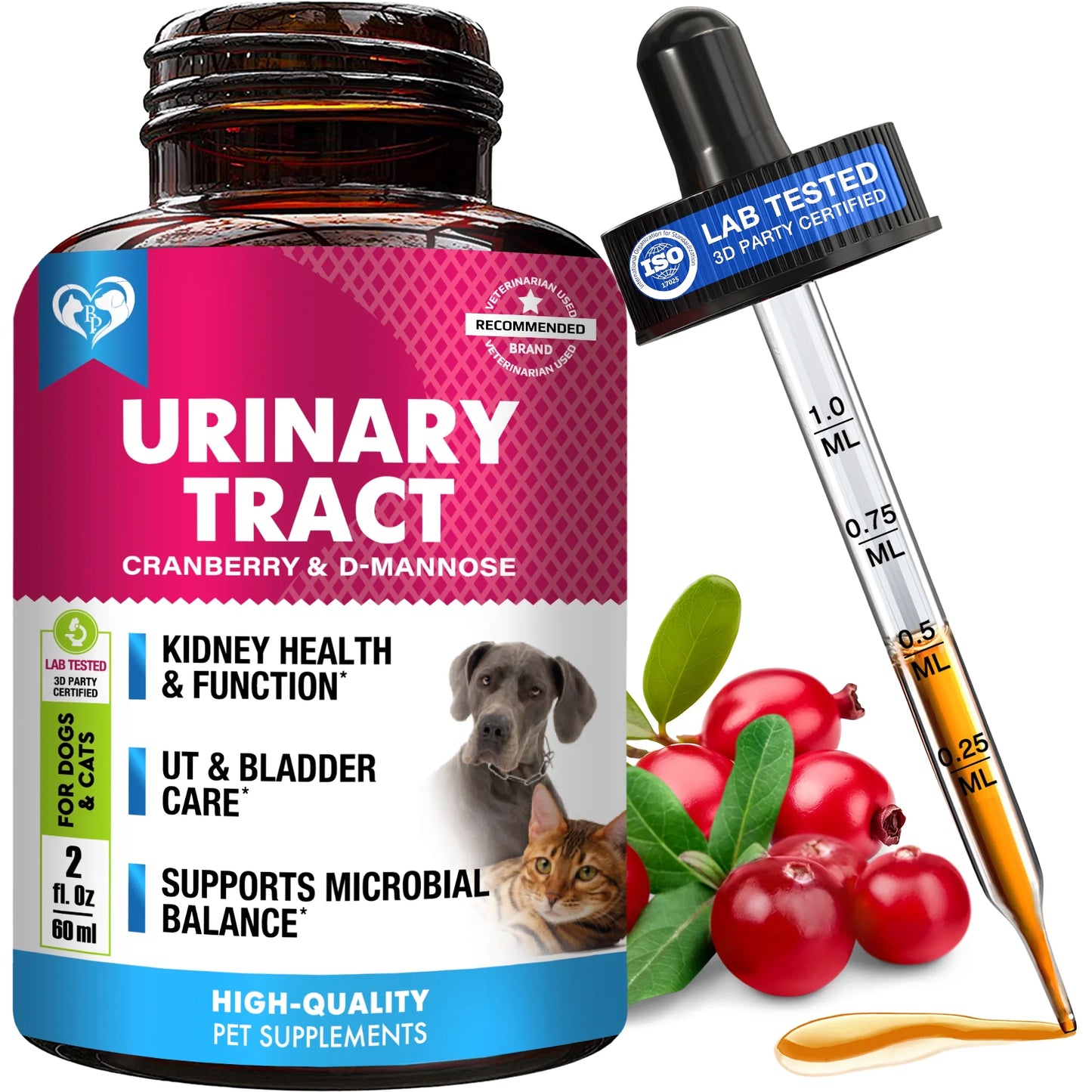 Cranberry & D-Mannose Liquid Drops for Pets - Ultimate Urinary Tract Support for Dogs & Cats, Promotes Kidney & Bladder Health for All Breeds