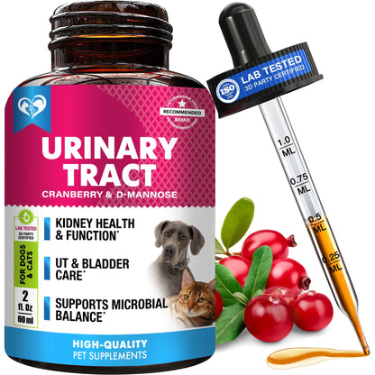 Cranberry & D-Mannose Liquid Drops for Pets - Ultimate Urinary Tract Support for Dogs & Cats, Promotes Kidney & Bladder Health for All Breeds