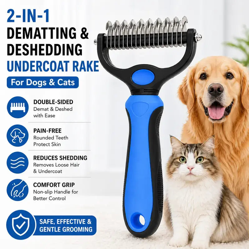 Ultimate Pet Dematting Undercoat Rake for Long-Haired Dogs & Cats - Double-Sided Deshedding Brush for Pain-Free Grooming & Reduced Shedding!