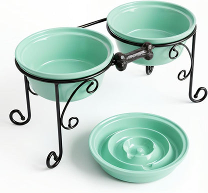 Elevated Dog Bowl Stand with 3 Durable Ceramic Bowls - Stylish Raised Feeding Station for Large Dogs, Includes 2 Standard Bowls and 1 Slow Feeder in Lucite Green