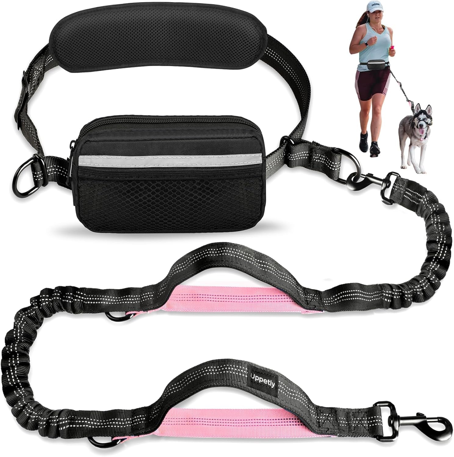 Ultimate Hands-Free Dog Running Leash with Waist Belt - Dual Handle Elastic Bungee for Medium & Large Dogs, Reflective Design for Safe Walking, Hiking & Biking (Large Pink, 25-120Lb)