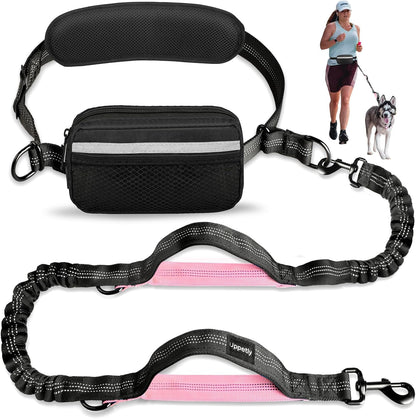 Ultimate Hands-Free Dog Running Leash with Waist Belt - Dual Handle Elastic Bungee for Medium & Large Dogs, Reflective Design for Safe Walking, Hiking & Biking (Large Pink, 25-120Lb)