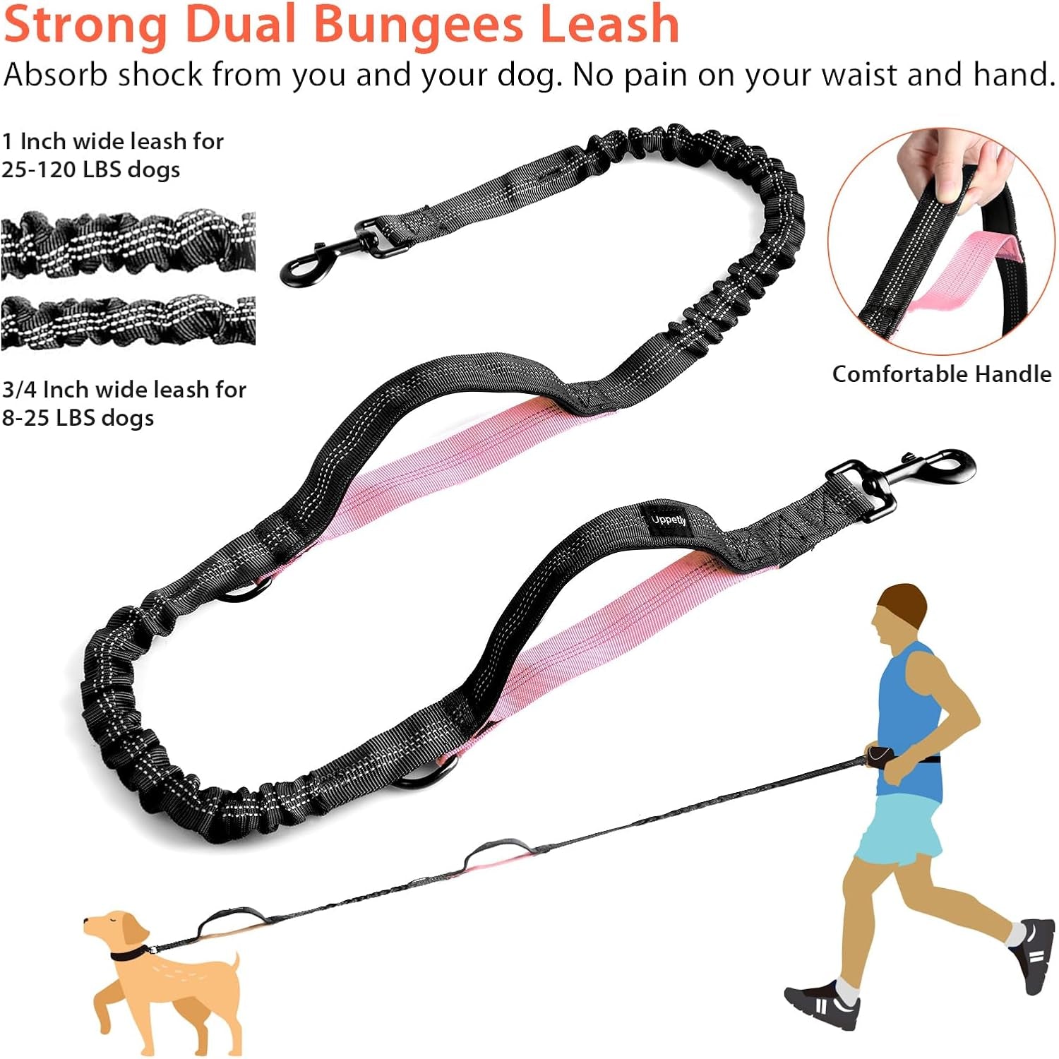 Ultimate Hands-Free Dog Running Leash with Waist Belt - Dual Handle Elastic Bungee for Medium & Large Dogs, Reflective Design for Safe Walking, Hiking & Biking (Large Pink, 25-120Lb)