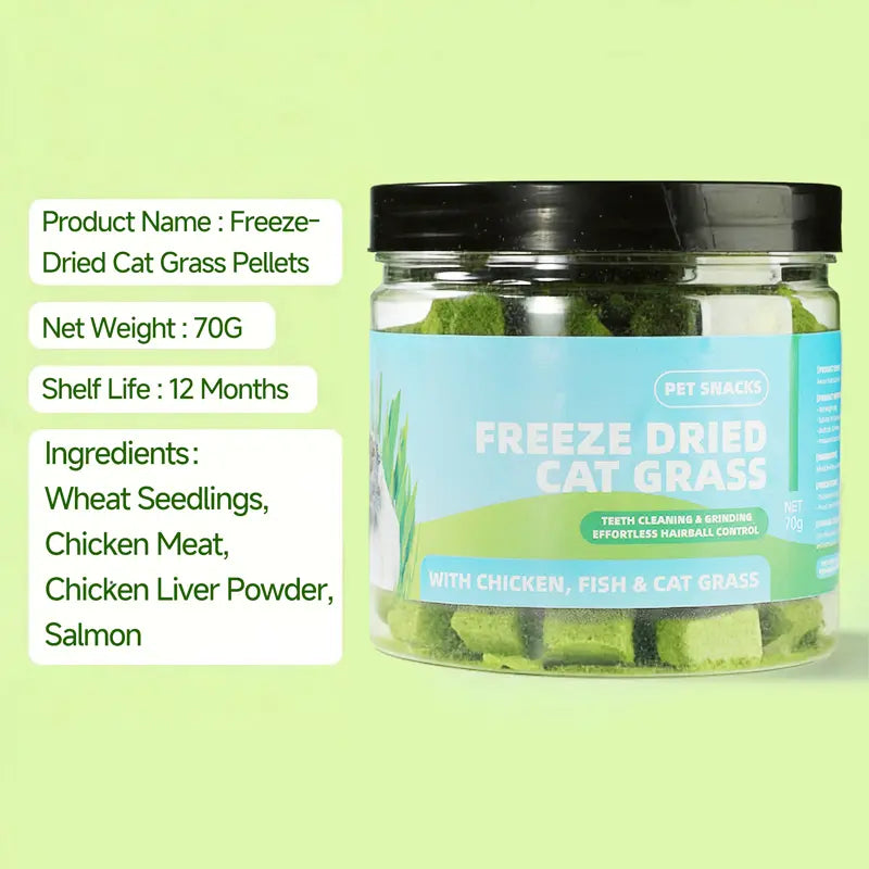 Delicious 70G Cat Grass Treats with Salmon - Hairball & Dental Care Biscuits for Healthy Training & Daily Snacking