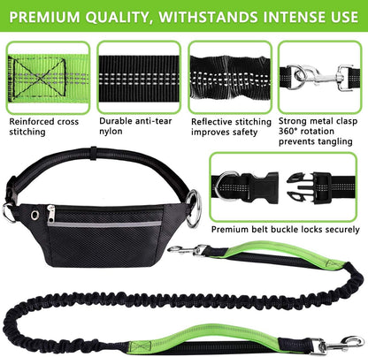 Ultimate Hands-Free Dog Leash for Running, Walking, and Hiking - Adjustable Bungee Waist Belt with Dual Handles and Reflective Stitches for Medium to Large Dogs