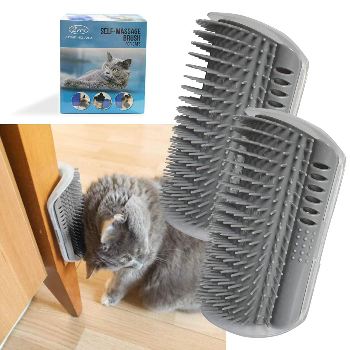 Softer Self Groomer 2-Pack with Catnip - Wall Corner Massage Comb & Scratcher for Cats and Dogs (Gray)