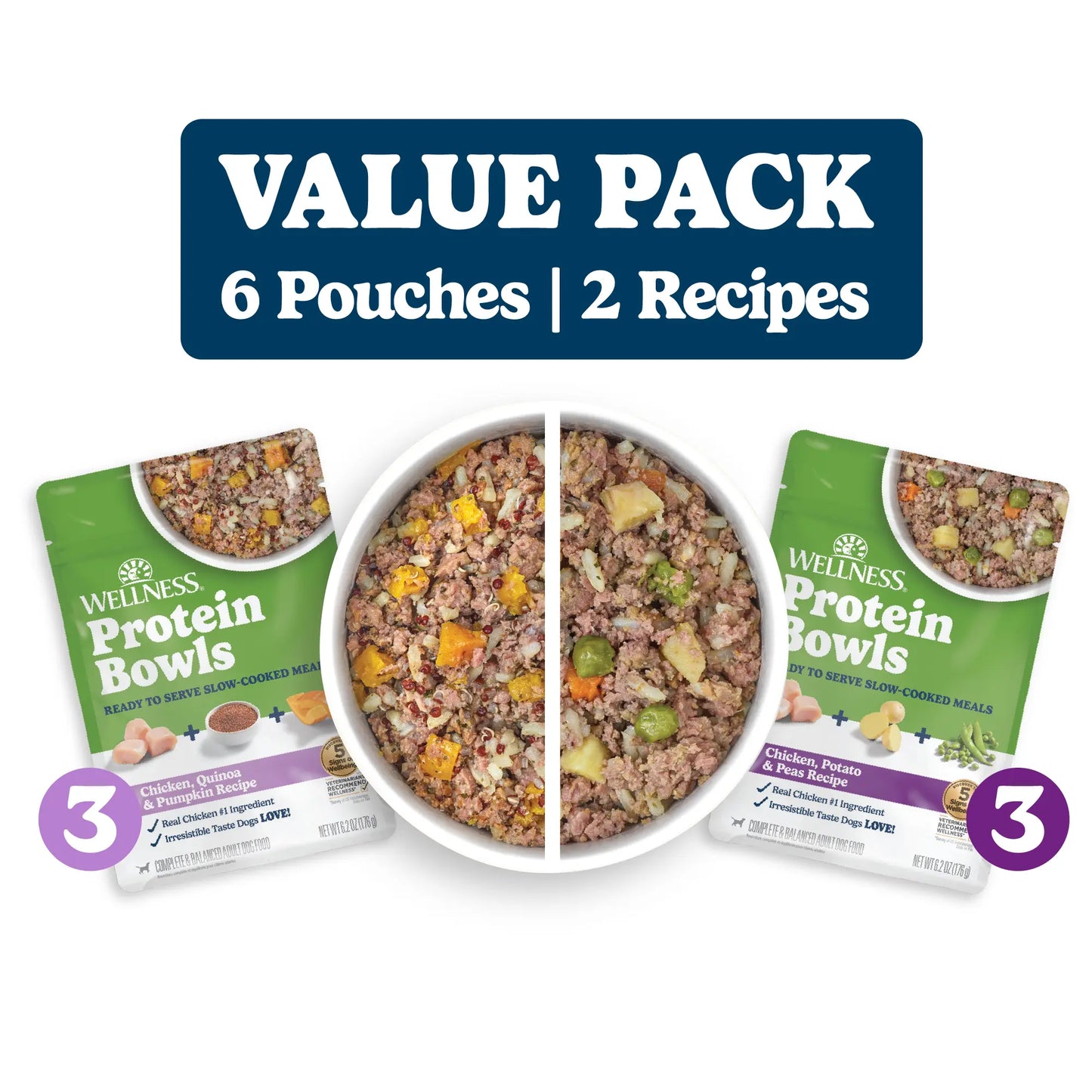 Wholesome Chicken Protein Bowls for Dogs - 6 Pack of Fresh Adult Food with Grains, 6.2 Ounce Pouches