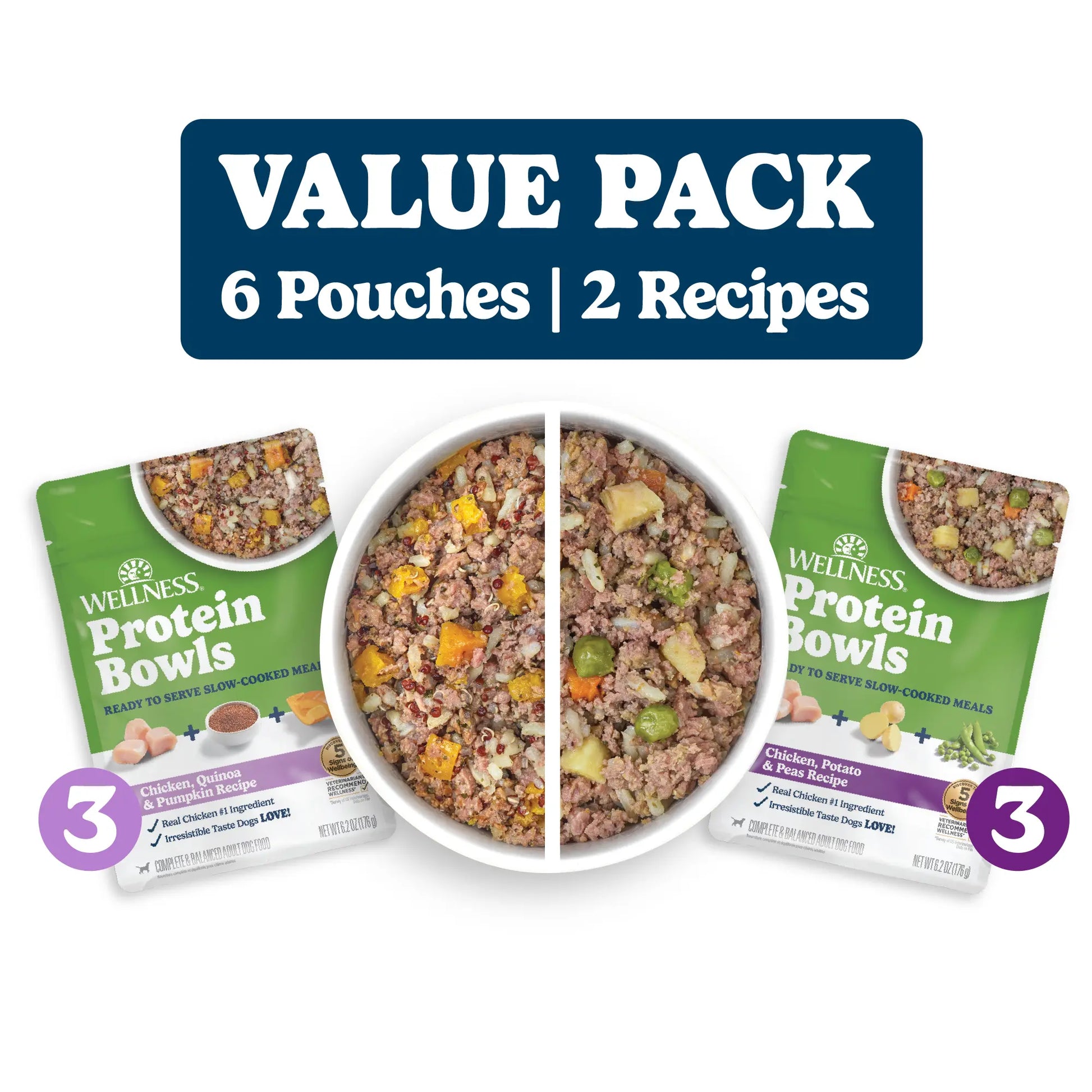 Wholesome Chicken Protein Bowls for Dogs - 6 Pack of Fresh Adult Food with Grains, 6.2 Ounce Pouches